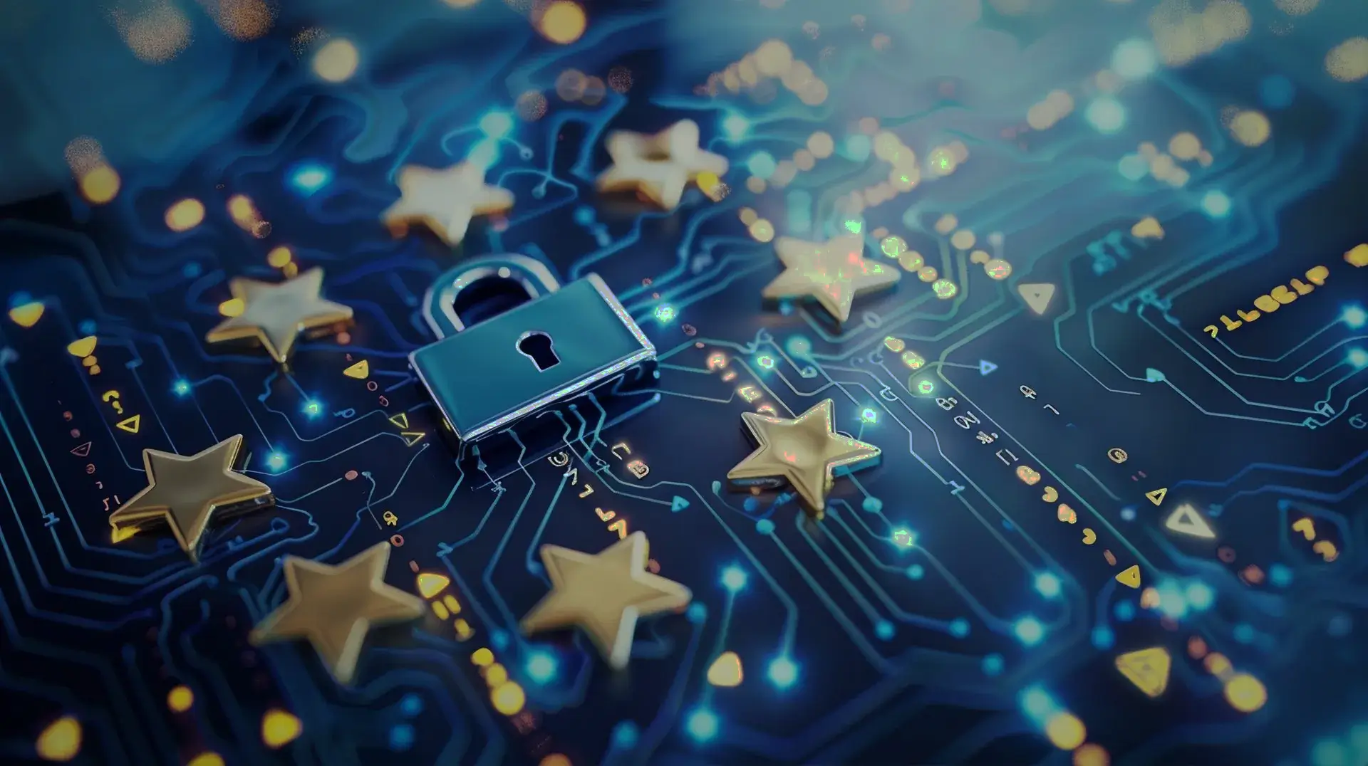 Immagine che rappresenta un lucchetto all’interno della bandiera europea. Simboleggia la sicurezza informatica delle aziende nell’Unione Europea.
